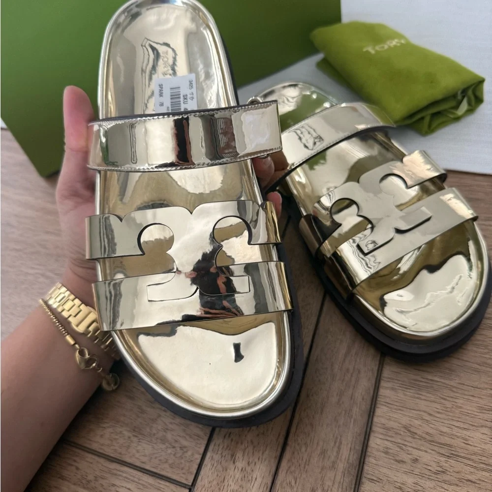NWT Tory Burch spark Gold Metallic ines sport slide mirrored Sandals